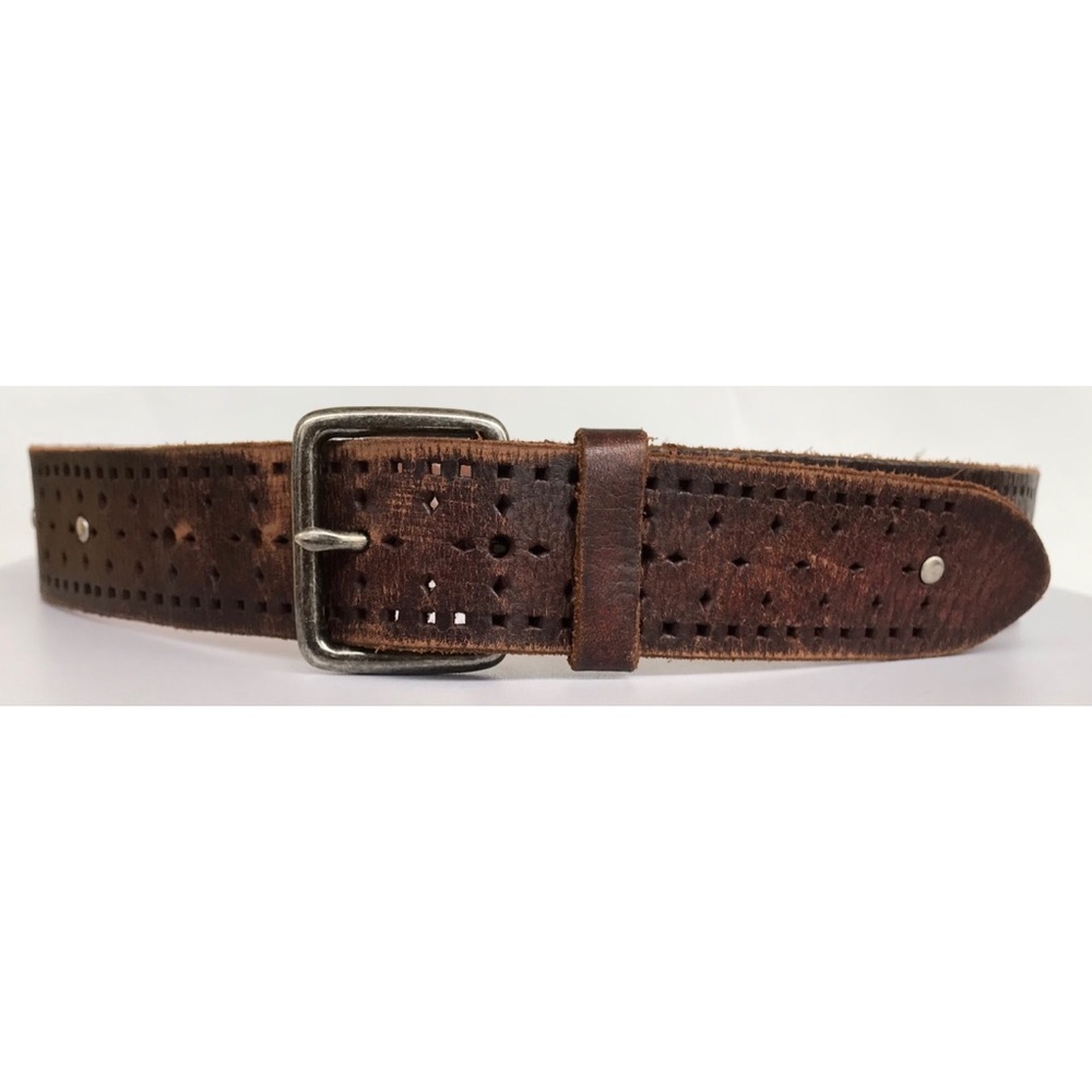 Punched leather belt with rivets